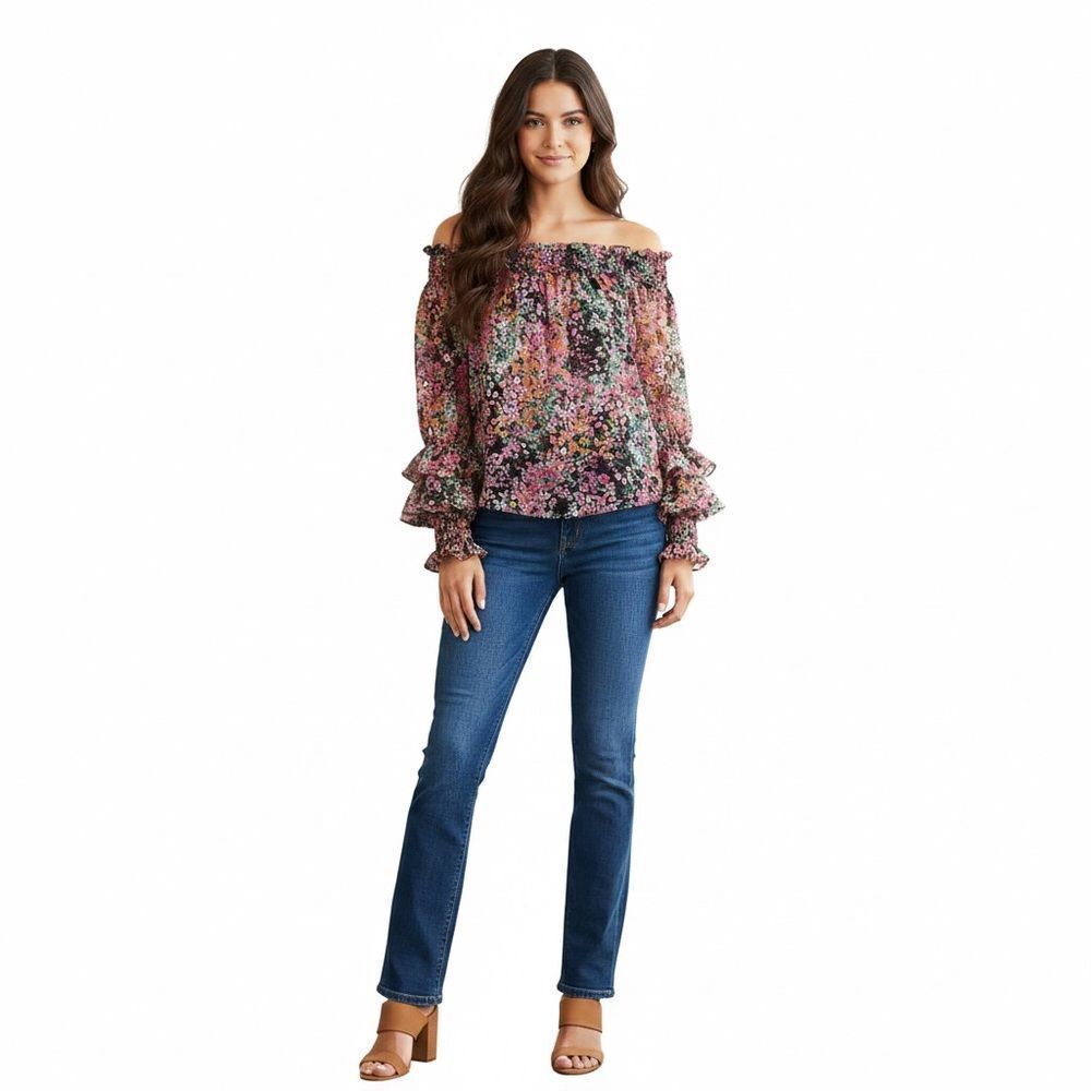 CeCe Off-shoulder Black Floral Print with smocking and ruffles